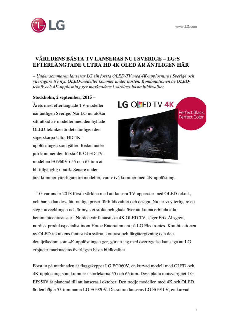 VÄRLDENS BÄSTA TV LANSERAS NU I SVERIGE – LG:S EFTERLÄNGTADE ULTRA HD 4K OLED ÄR ÄNTLIGEN HÄR 