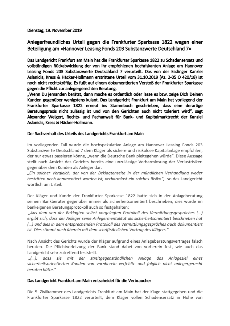 Anlegerfreundliches Urteil gegen die Frankfurter Sparkasse 1822 wegen einer Beteiligung am »Hannover Leasing Fonds 203 Substanzwerte Deutschland 7«