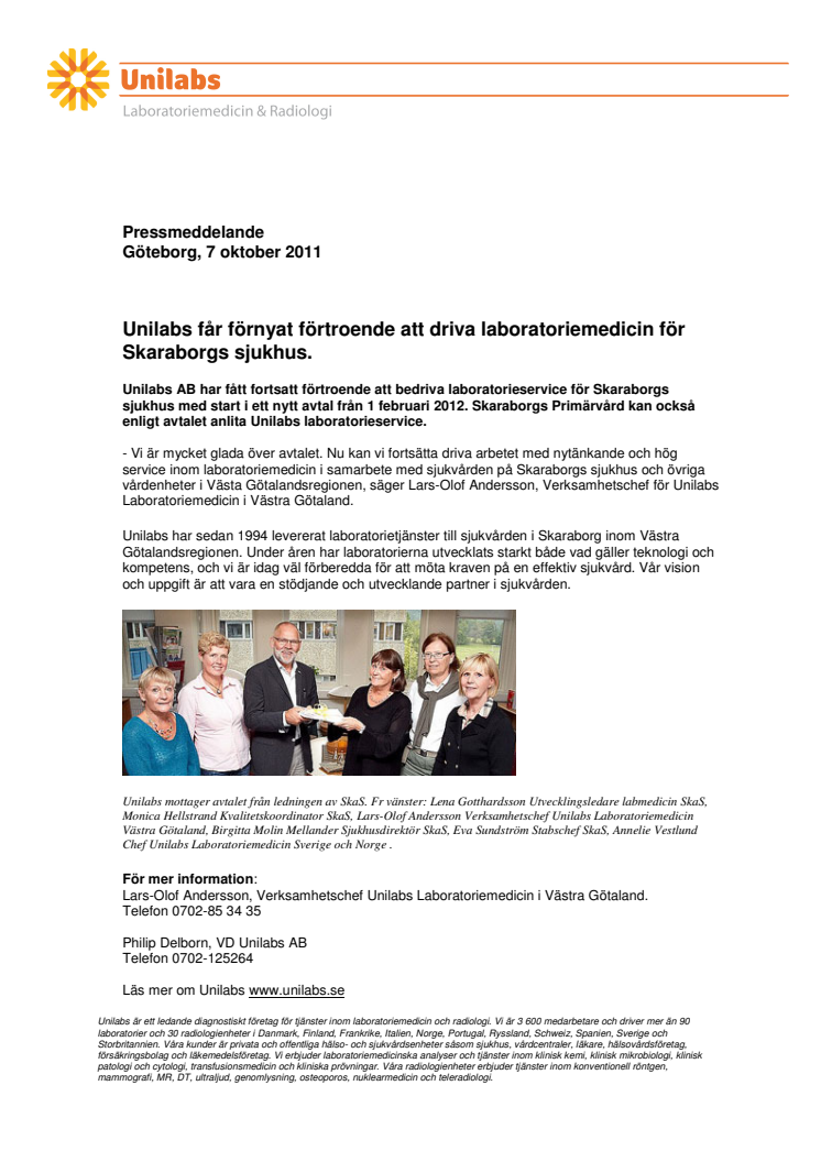 Unilabs får förnyat förtroende att driva laboratoriemedicin för Skaraborgs sjukhus