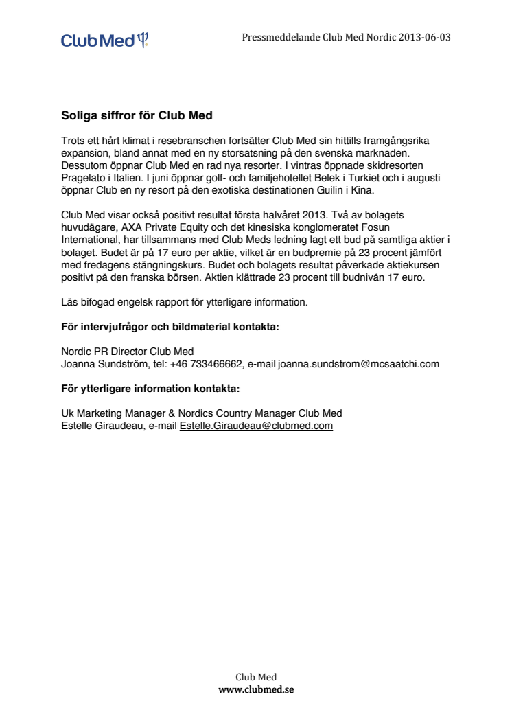 Soliga siffror för Club Med