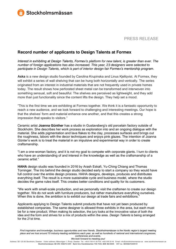 Record number of applicants to Design Talents at Formex