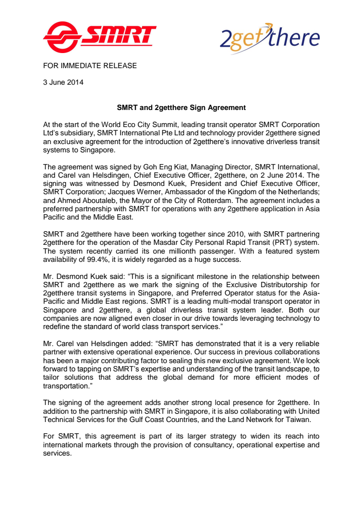 SMRT and 2getthere Sign Agreement