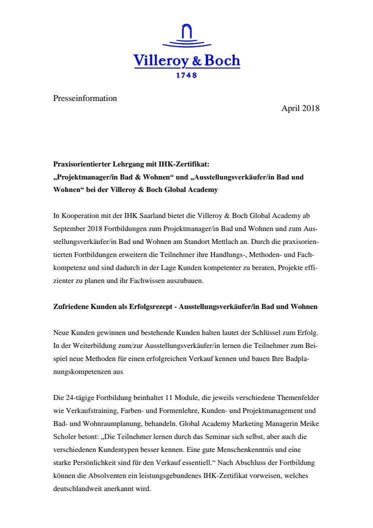 Praxisorientierter Lehrgang mit IHK-Zertifikat: „Projektmanager/in Bad & Wohnen“ und „Ausstellungsverkäufer/in Bad und Wohnen“ bei der Villeroy & Boch Global Academy