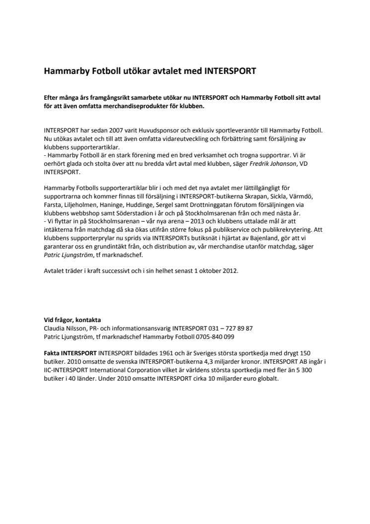 Hammarby Fotboll utökar avtalet med INTERSPORT