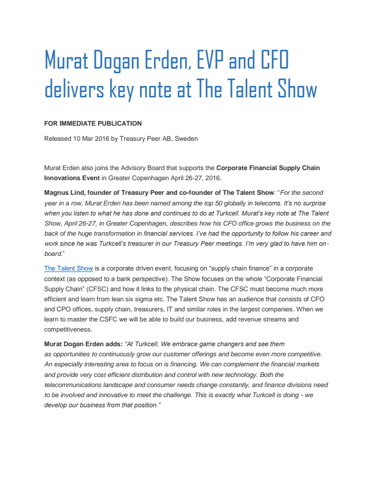 Murat Dogan Erden, EVP and CFO delivers key note at The Talent Show by Treasury Peer