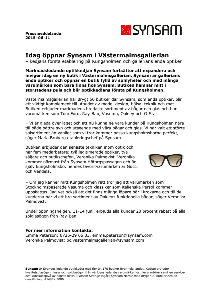 Idag öppnar Synsam i Västermalmsgallerian – kedjans första etablering på Kungsholmen och gallerians enda optiker