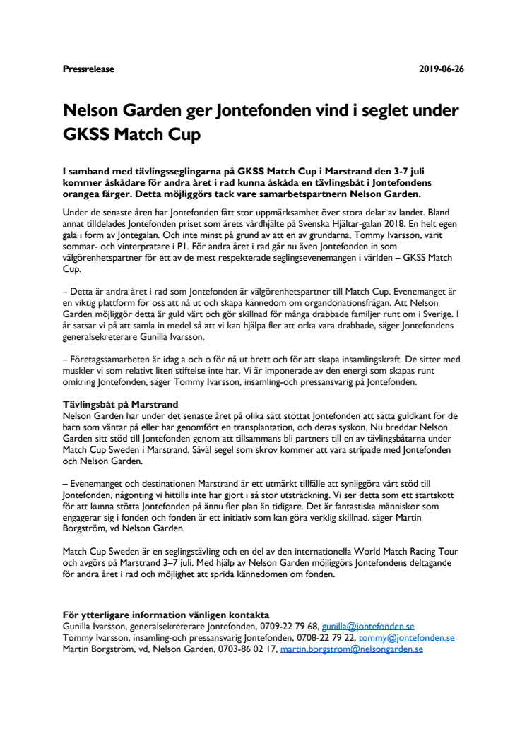 Nelson Garden ger Jontefonden vind i seglet under GKSS Match Cup