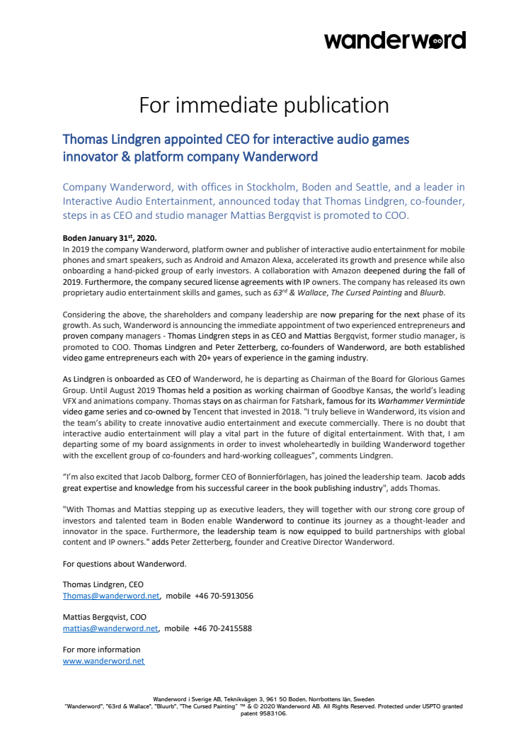 Thomas Lindgren appointed CEO for interactive audio games innovator & platform company Wanderword