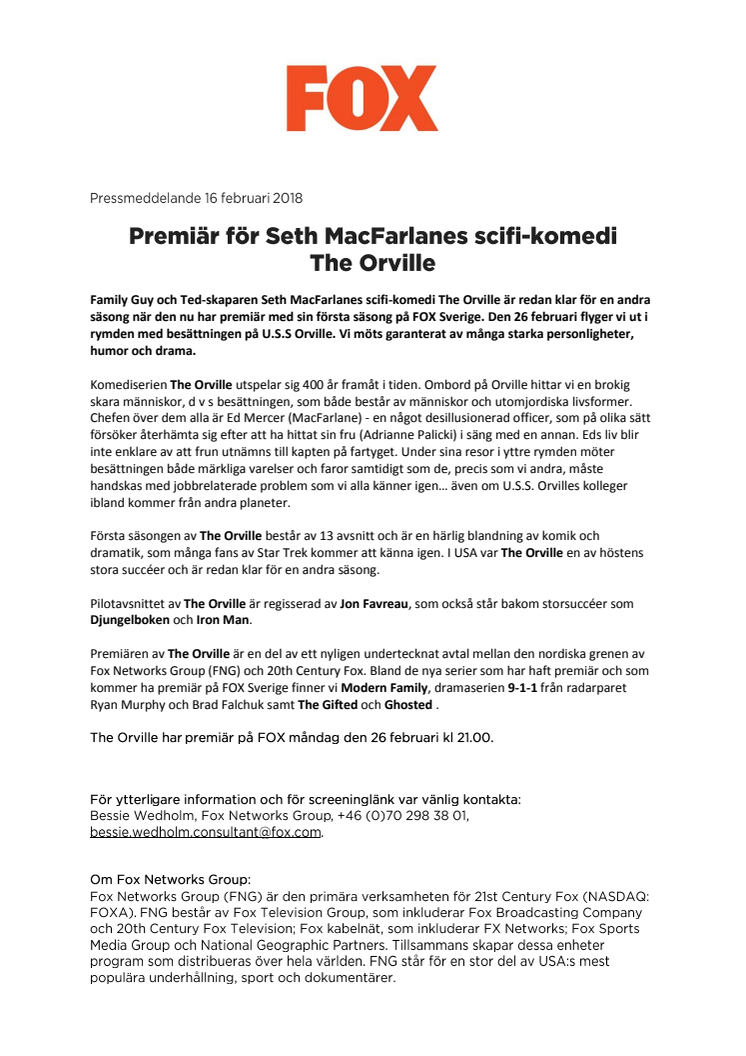 Premiär för Seth MacFarlanes scifi-komedi The Orville