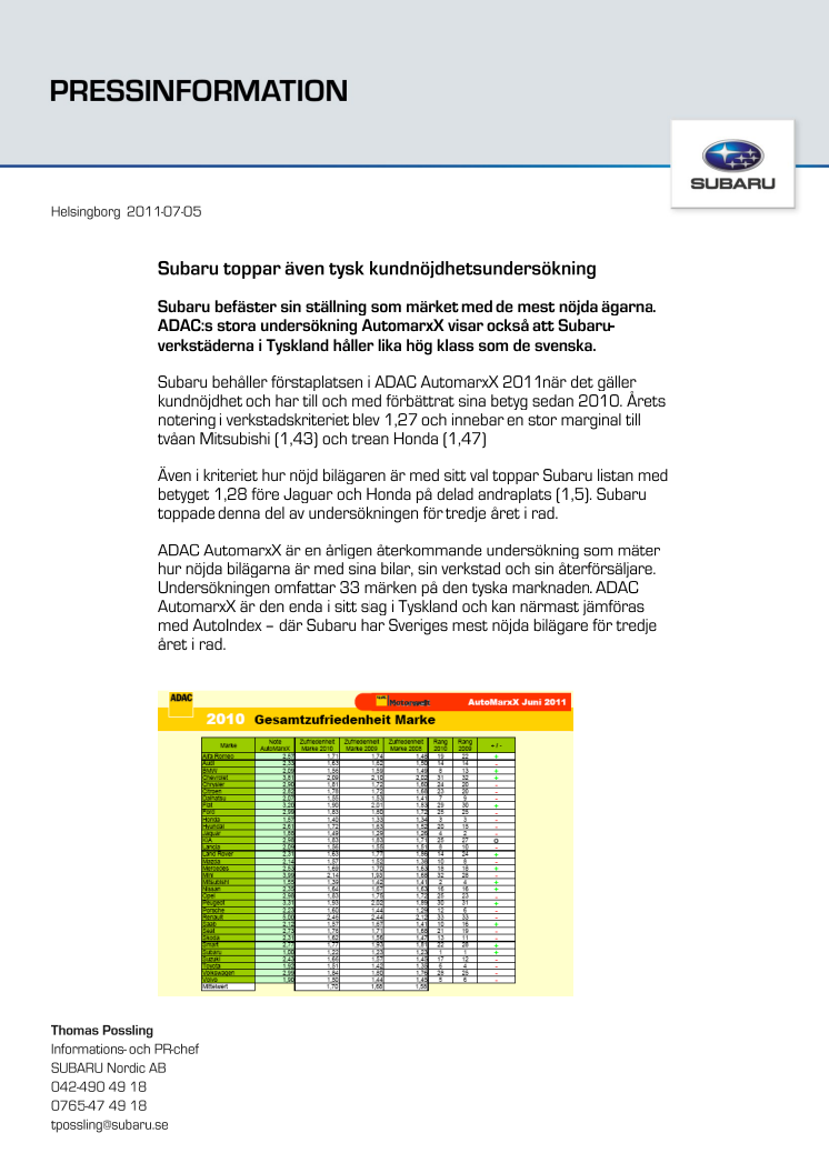 Subaru toppar även tysk kundnöjdhetsundersökning