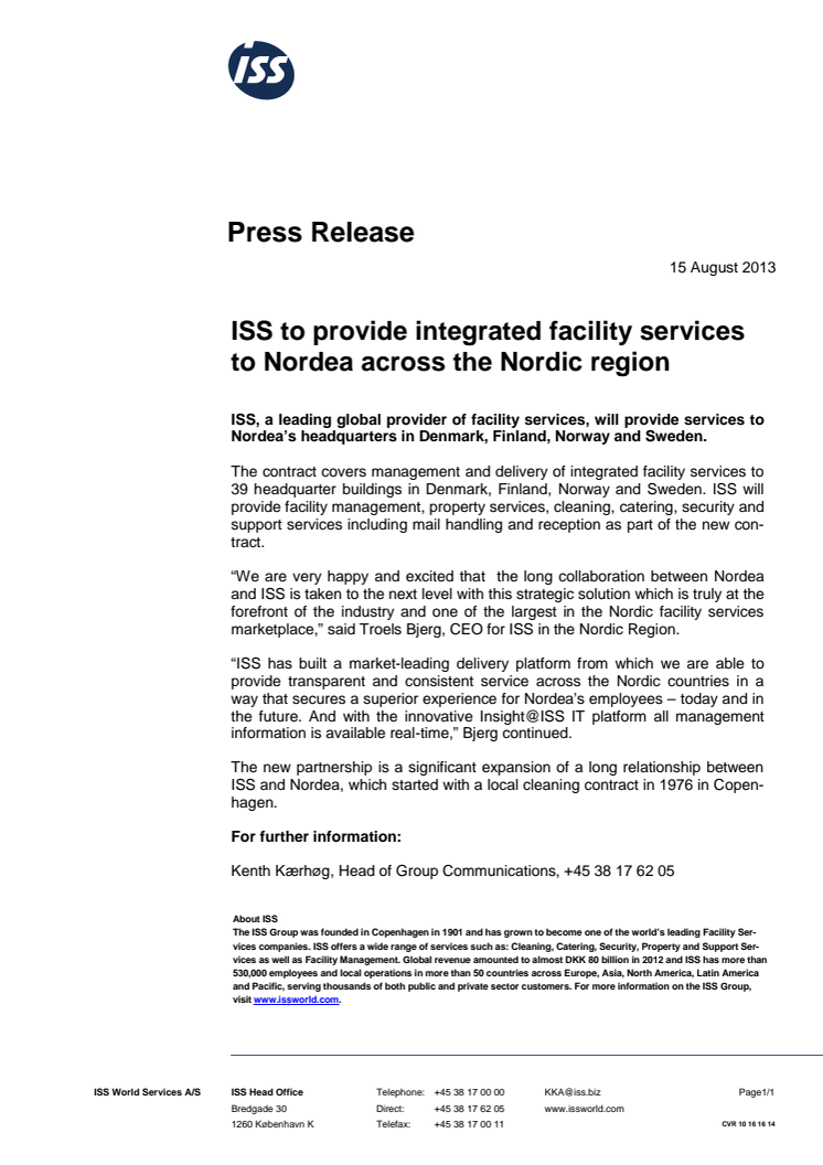 ISS to provide integrated facility services to Nordea across the Nordic region