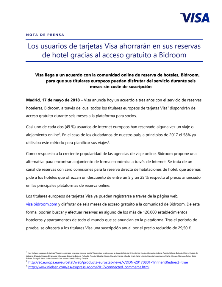 Los usuarios de tarjetas Visa ahorrarán en sus reservas de hotel gracias al acceso gratuito a Bidroom