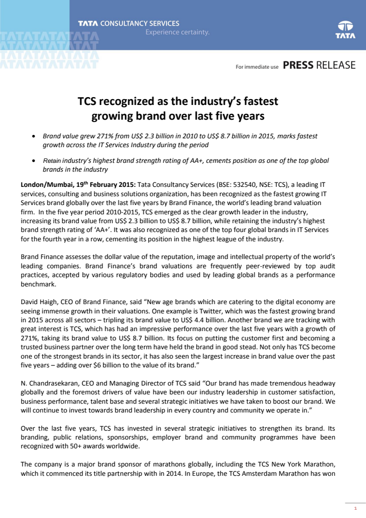 ​Tata Consultancy Services erkänns som IT-branschens snabbast växande varumärke de senaste fem åren