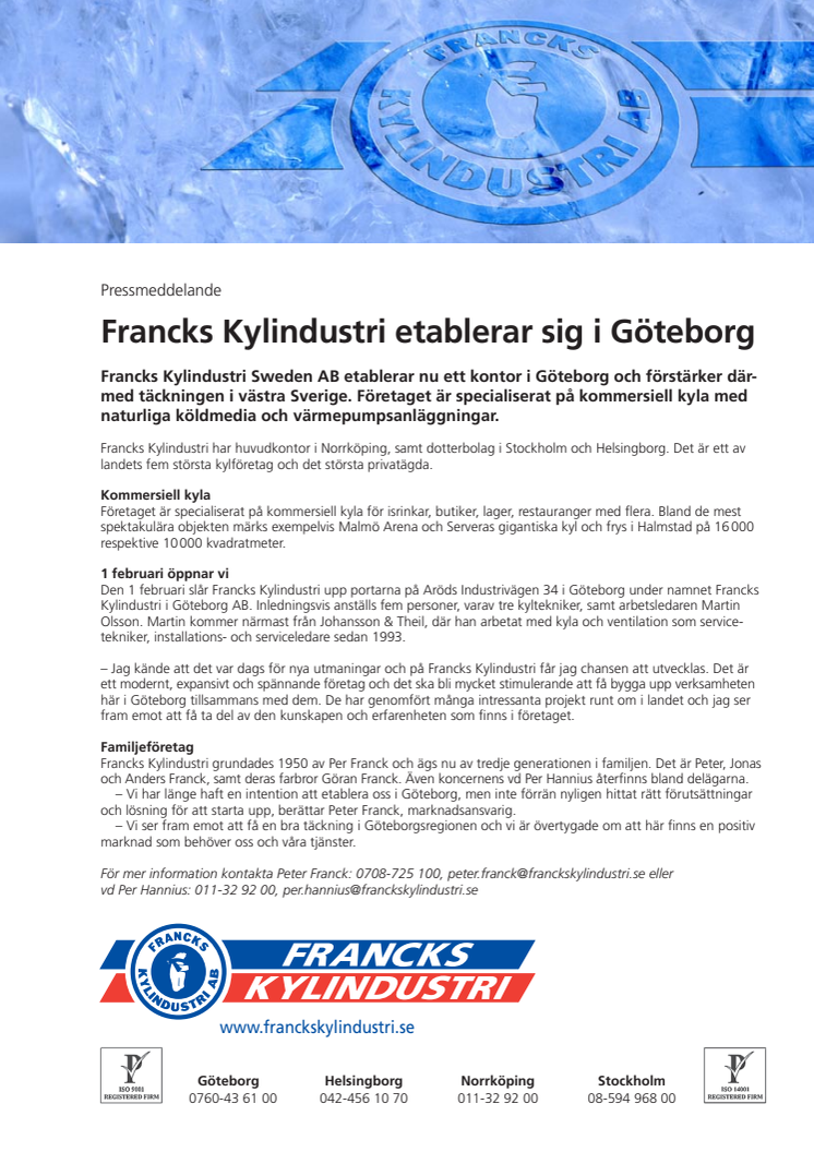 Francks Kylindustri etablerar sig i Göteborg