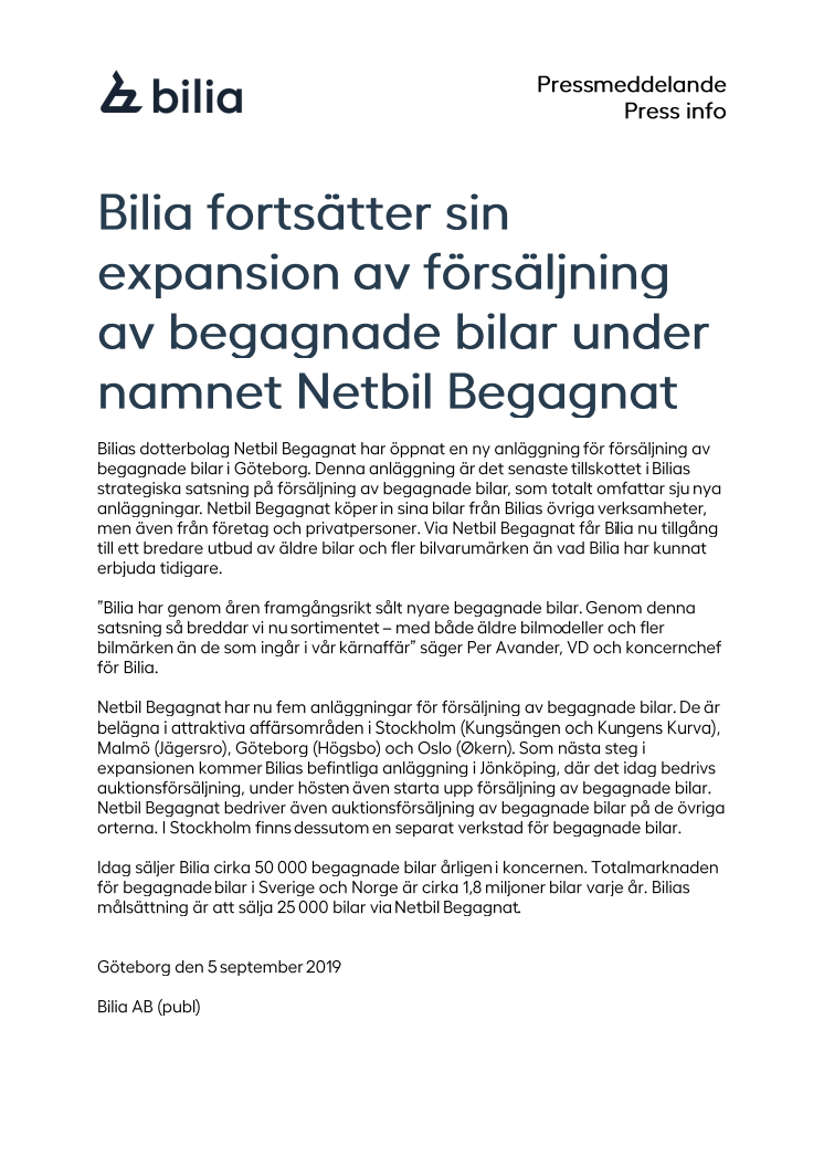 Bilia fortsätter sin expansion av försäljning av begagnade bilar under namnet Netbil Begagnat