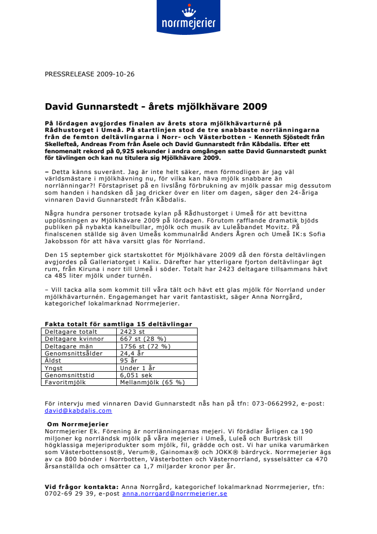 David Gunnarstedt - årets mjölkhävare 2009