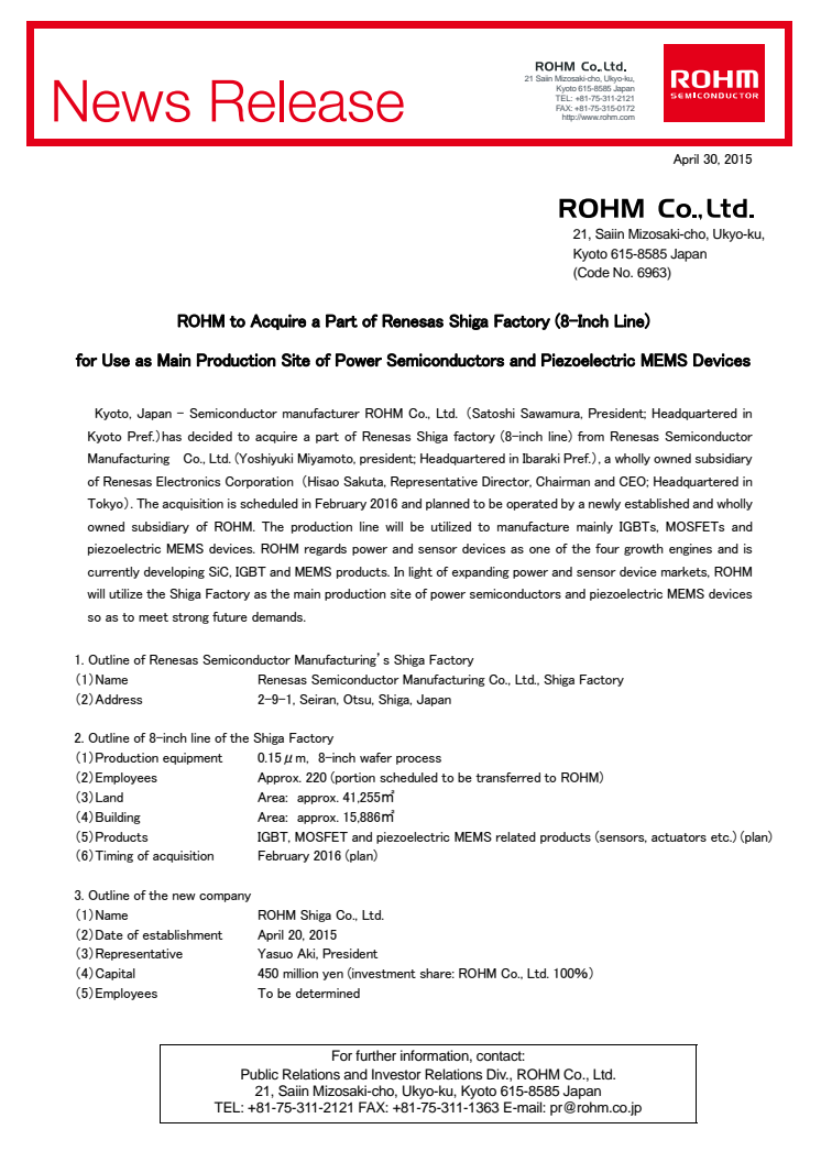 ROHM to Acquire a Part of Renesas Shiga Factory (8-Inch Line)  for Use as Main Production Site of Power Semiconductors and Piezoelectric MEMS Devices