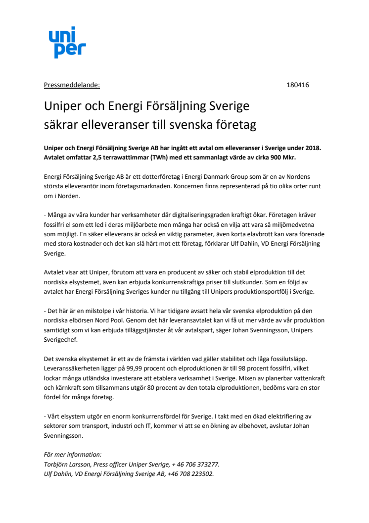 Uniper och Energi Försäljning Sverige säkrar elleveranser till svenska företag 