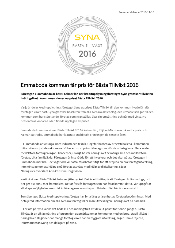 Emmaboda kommun får pris för Bästa Tillväxt 2016