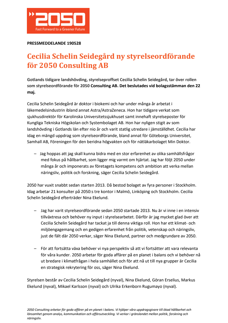 Cecilia Schelin Seidegård ny styrelseordförande för 2050 Consulting AB