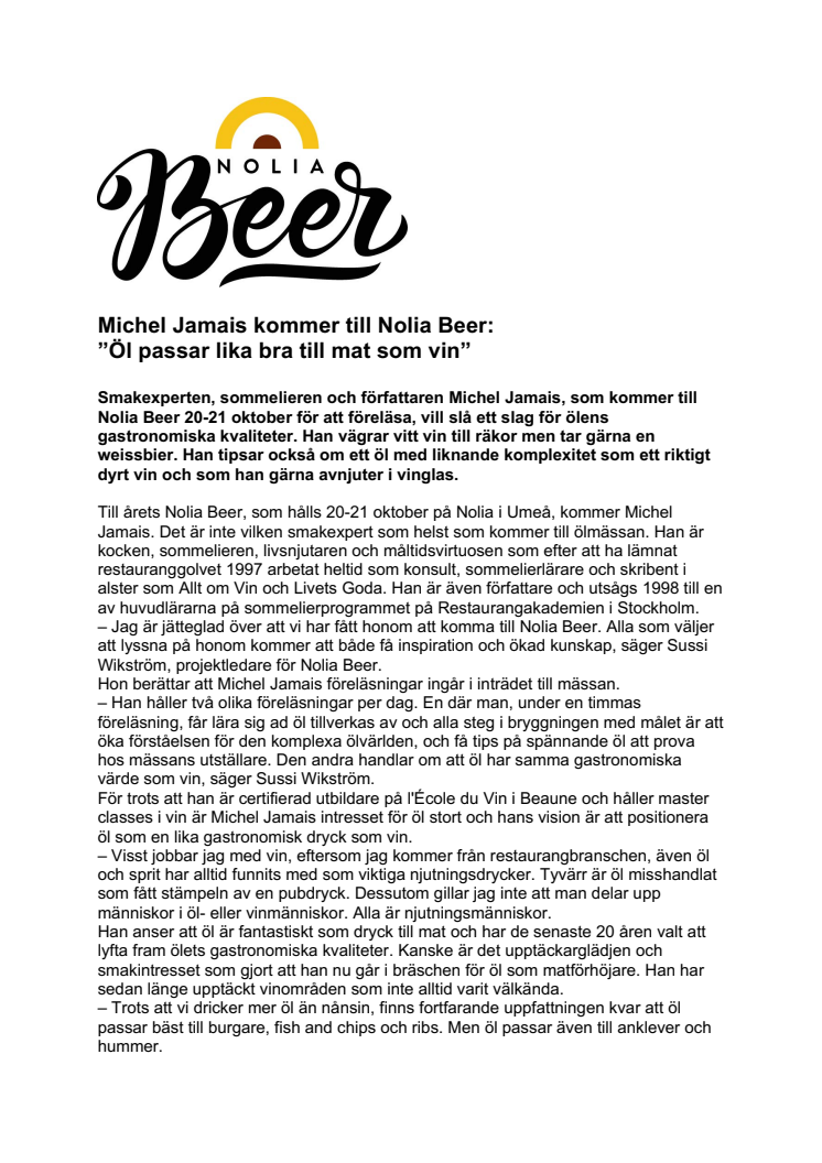 Michel Jamais kommer till Nolia Beer:  ”Öl passar lika bra till mat som vin”