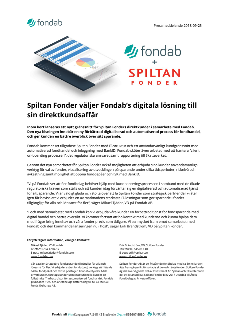 Spiltan Fonder väljer Fondab’s digitala lösning till sin direktkundsaffär