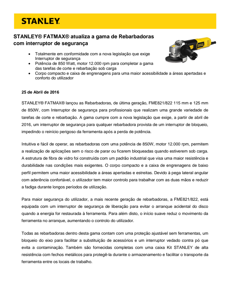 STANLEY® FATMAX® atualiza a gama de Rebarbadoras com interruptor de segurança