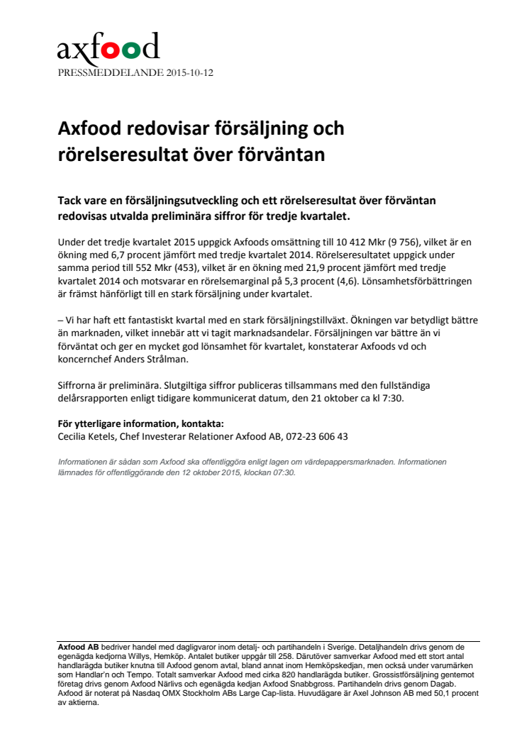 Axfood redovisar försäljning och rörelseresultat över förväntan