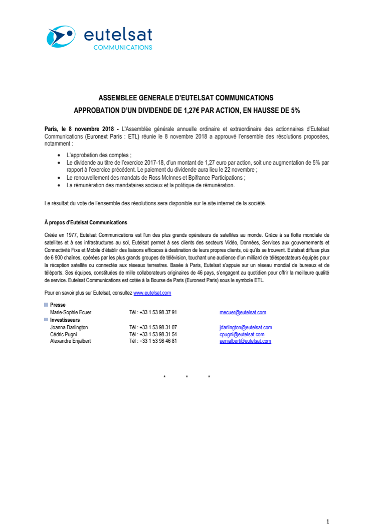 ASSEMBLEE GENERALE D’EUTELSAT COMMUNICATIONS :  APPROBATION D’UN DIVIDENDE DE 1,27€ PAR ACTION, EN HAUSSE DE 5%