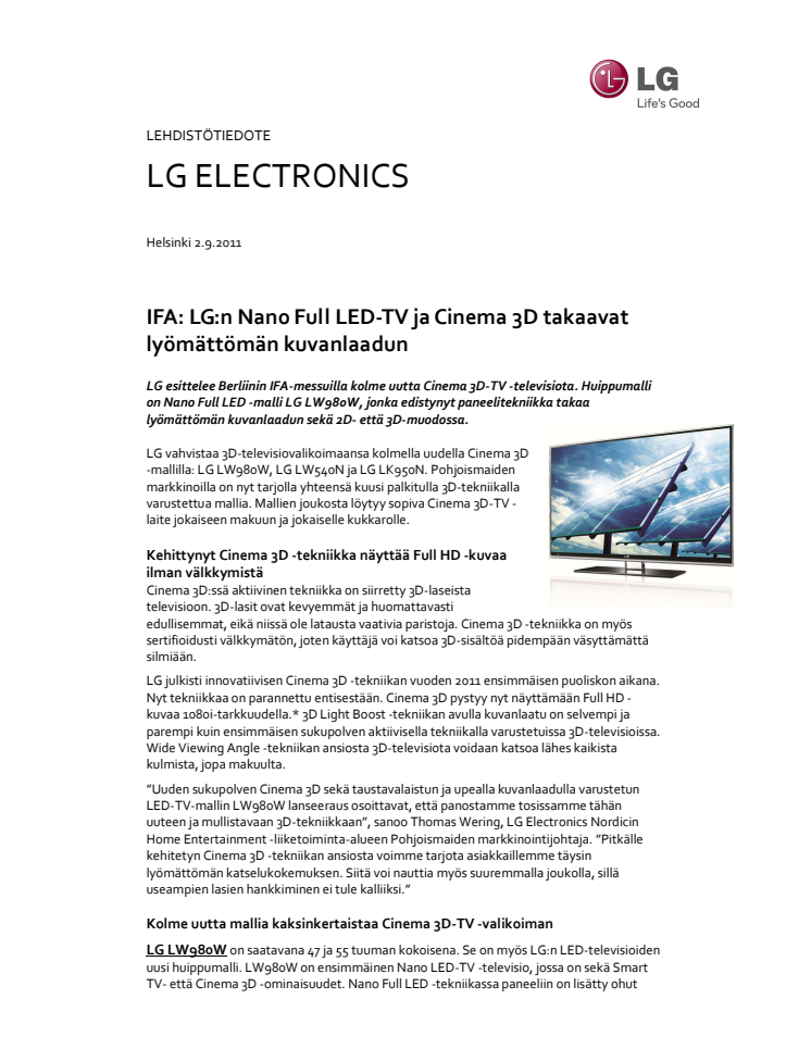 IFA: LG:n Nano Full LED-TV ja Cinema 3D takaavat lyömättömän kuvanlaadun