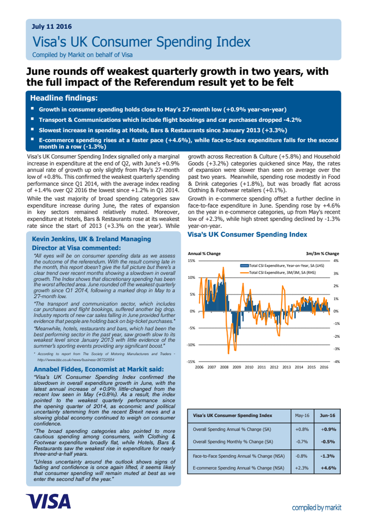 June rounds off weakest quarterly growth in two years, with the full impact of the Referendum result yet to be felt 