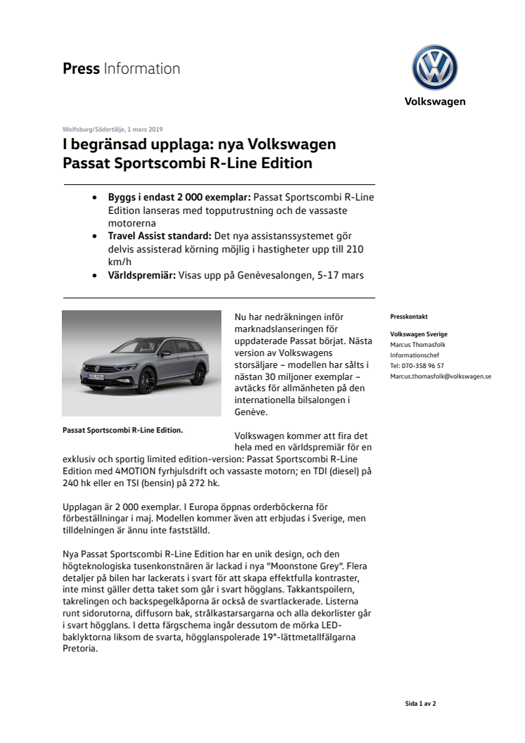 I begränsad upplaga: nya Volkswagen Passat Sportscombi R-Line Edition