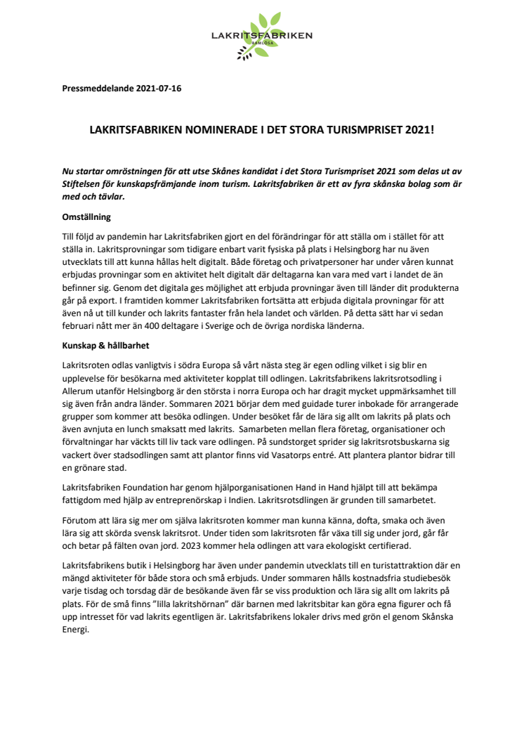 LAKRITSFABRIKEN NOMINERADE I DET STORA TURISMPRISET 2021!