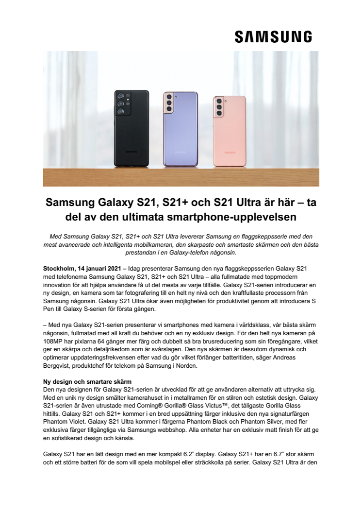 Samsung Galaxy S21, S21+ och S21 Ultra är här – ta del av den ultimata smartphone-upplevelsen