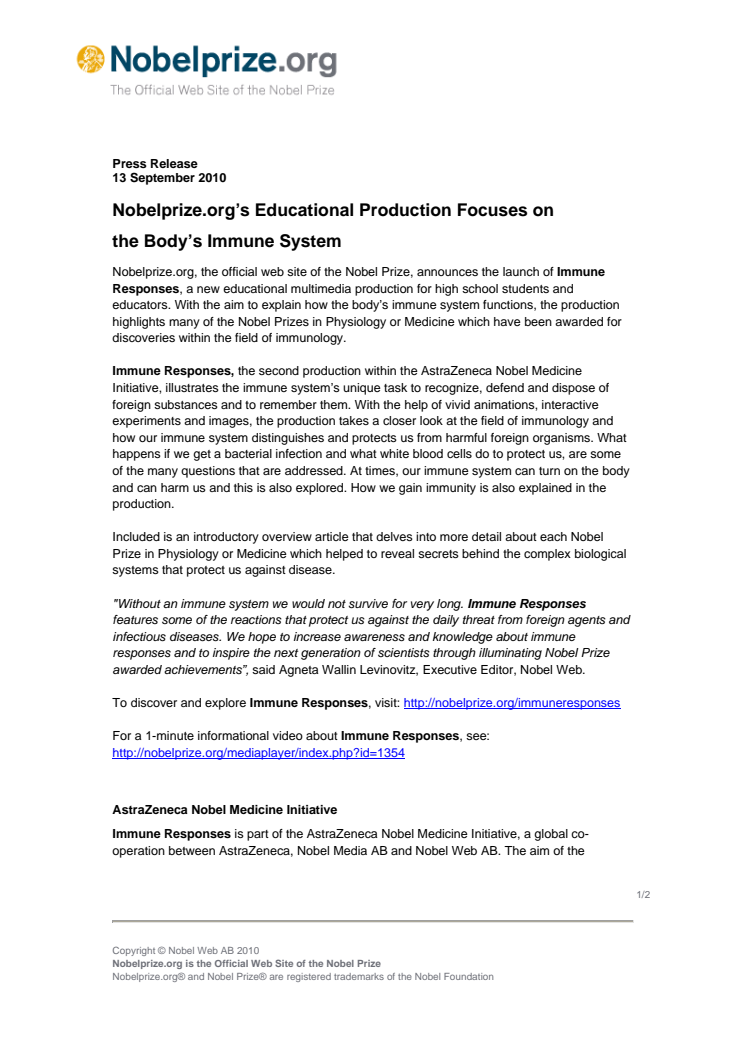 Nobelprize.org’s Educational Production Focuses on  the Body’s Immune System