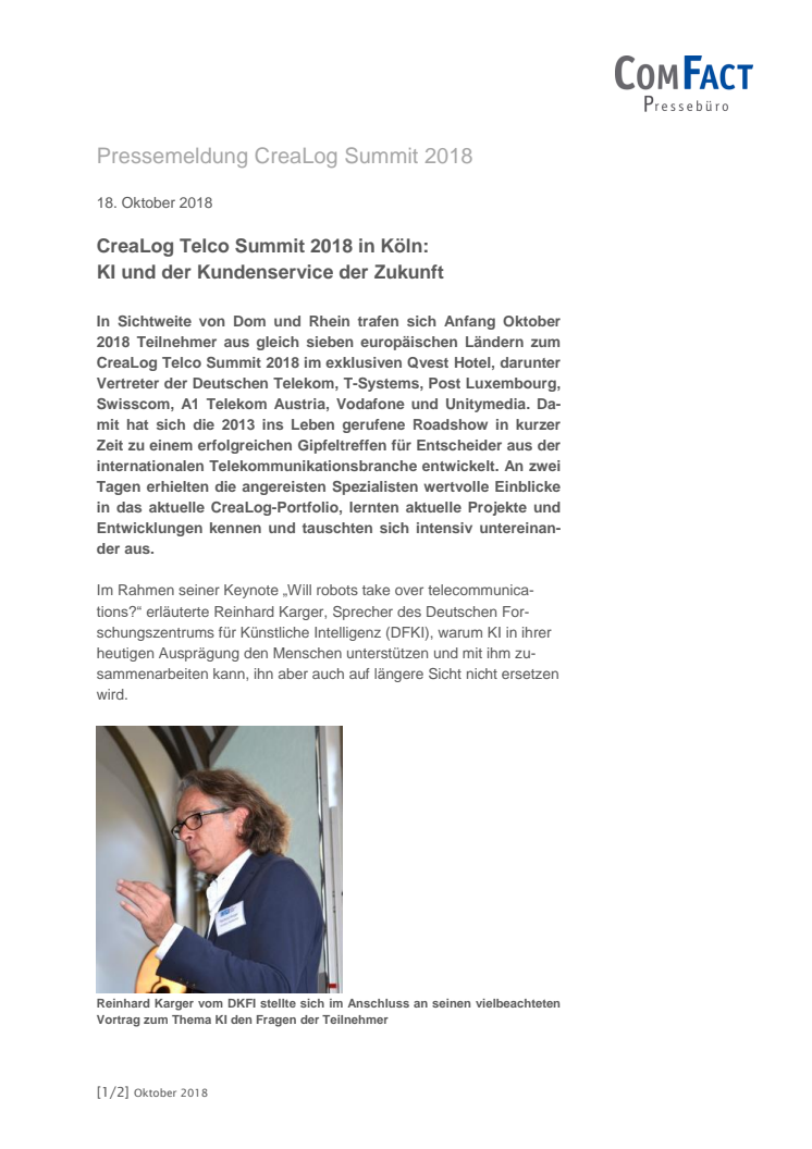 CreaLog Telco Summit 2018 in Köln: KI und der Kundenservice der Zukunft