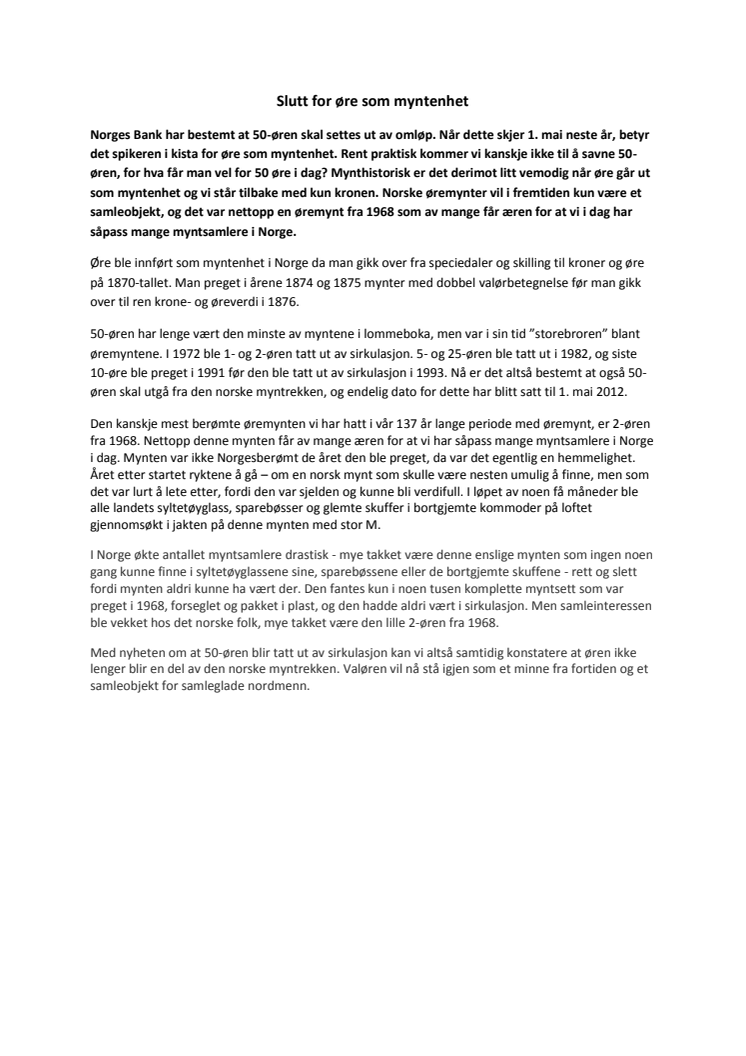 Slutt for øre som myntenhet