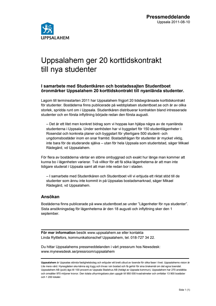Uppsalahem ger 20 korttidskontrakt till nya studenter