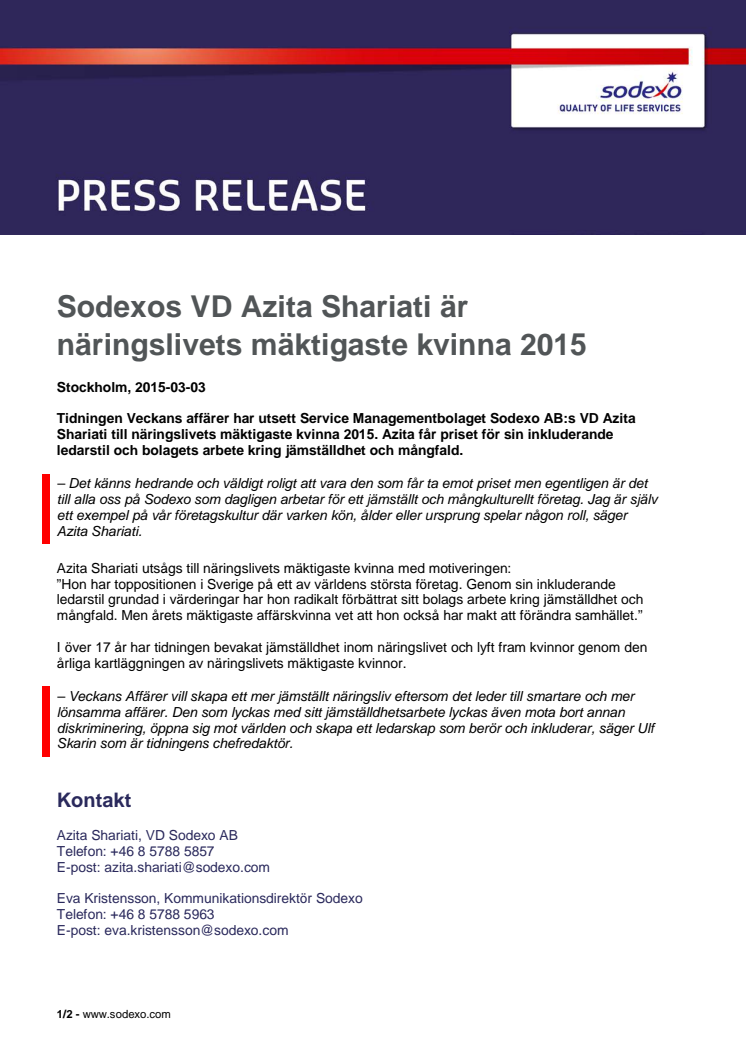 Sodexos VD Azita Shariati är näringslivets mäktigaste kvinna 2015