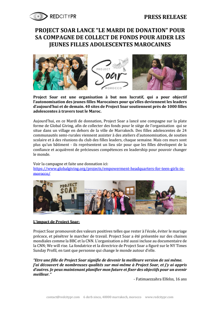 PROJECT SOAR LANCE “LE MARDI DE DONATION” POUR SA COMPAGNE DE COLLECT DE FONDS POUR AIDER LES JEUNES FILLES ADOLESCENTES MAROCAINES