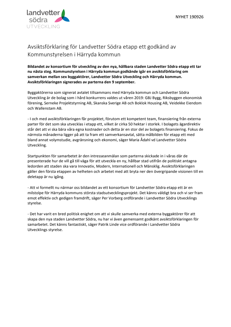 Avsiktsförklaring för Landvetter Södra etapp ett godkänd av Kommunstyrelsen i Härryda kommun