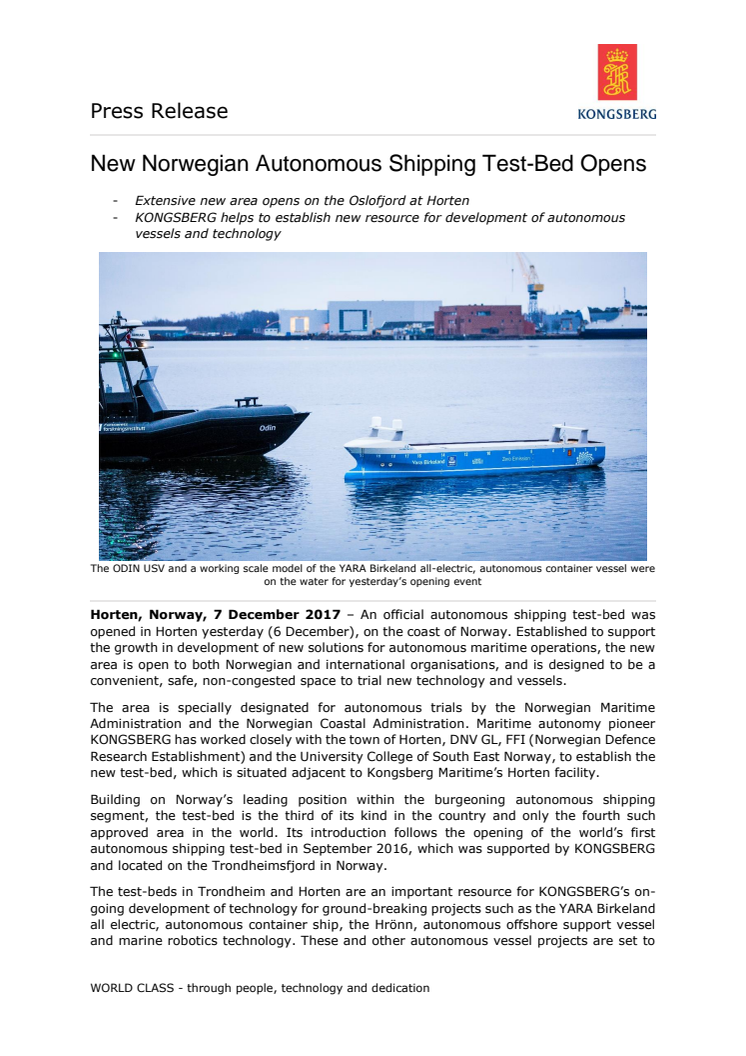 Kongsberg Maritime: New Norwegian Autonomous Shipping Test-Bed Opens