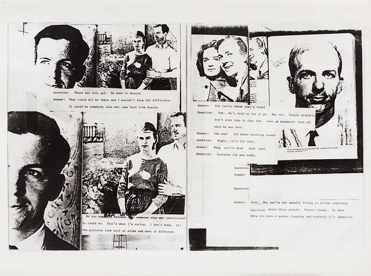 Lutz Bacher, The Lee Harvey Oswald Interview, 1976-78. 9 fotostatiske sølvgelatintrykk, 5 av 9. 