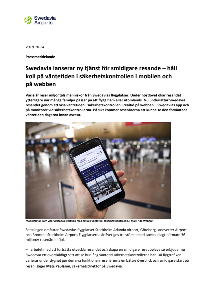 Swedavia lanserar ny tjänst för smidigare resande – håll koll på väntetiden i säkerhetskontrollen i mobilen och på webben