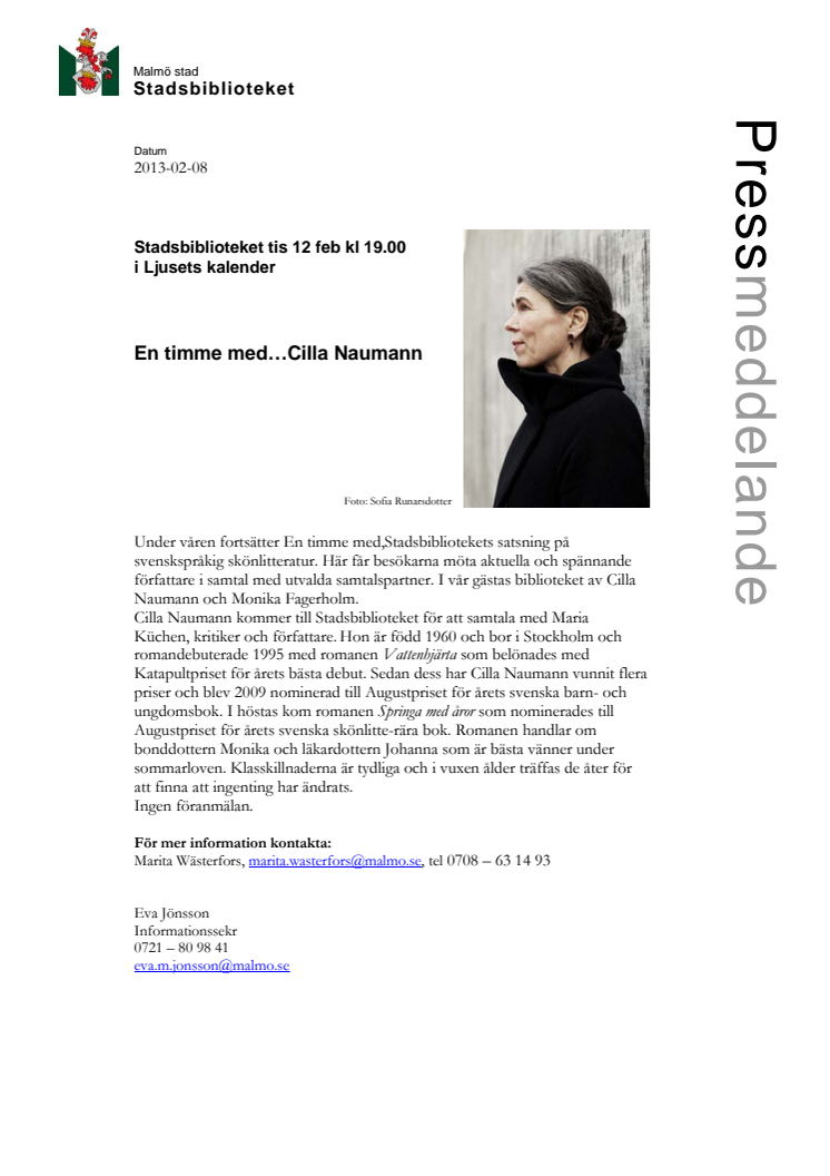 Stadsbiblioteket i Malmö: En timme med Cilla Naumann