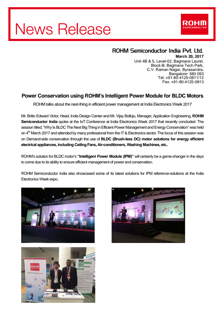 Power Conservation using ROHM’s Intelligent Power Module for BLDC Motors---ROHM talks about the next-thing in efficient power management at India Electronics Week 2017
