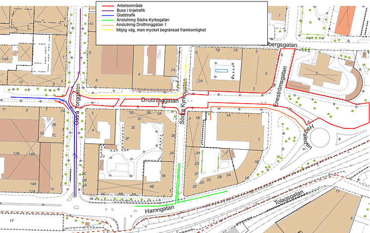 Kartbild omledning Östra torggatan_drottninggatan_aug23