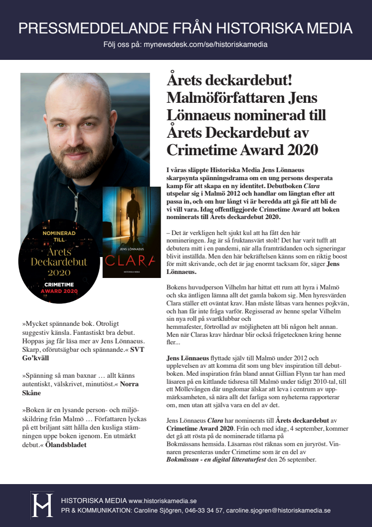 Årets deckardebut!? Malmöförfattaren Jens Lönnaeus nominerad till Årets deckardebut av Crimetime Award 