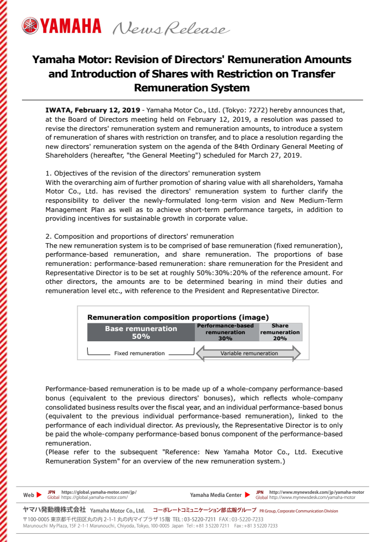 Yamaha Motor: Revision of Directors' Remuneration Amounts and Introduction of Shares with Restriction on Transfer Remuneration System