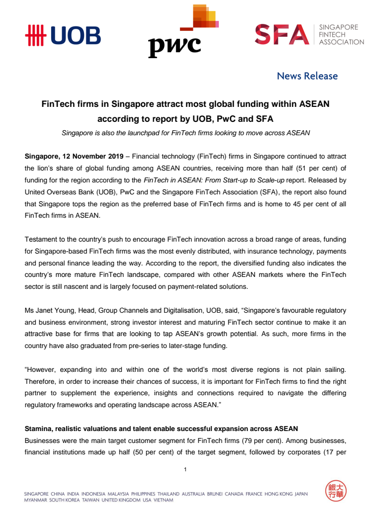 FinTech firms in Singapore attract most global funding within ASEAN according to report by UOB, PwC and SFA
